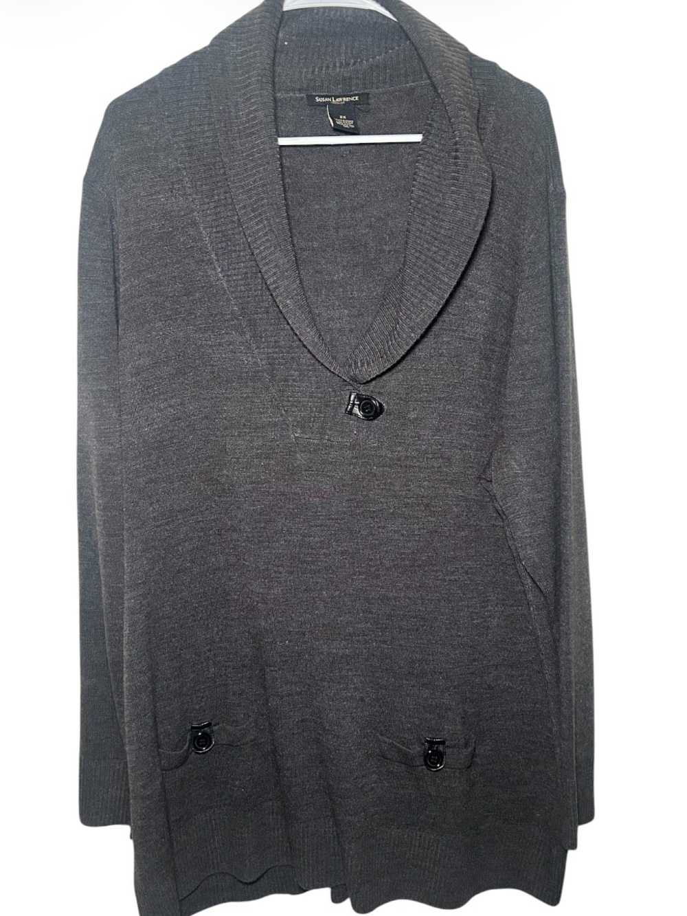 Susan Lawrence Shawl Collar Dark Gray Womens Front Pocket Sweater Warm Thick 2XL